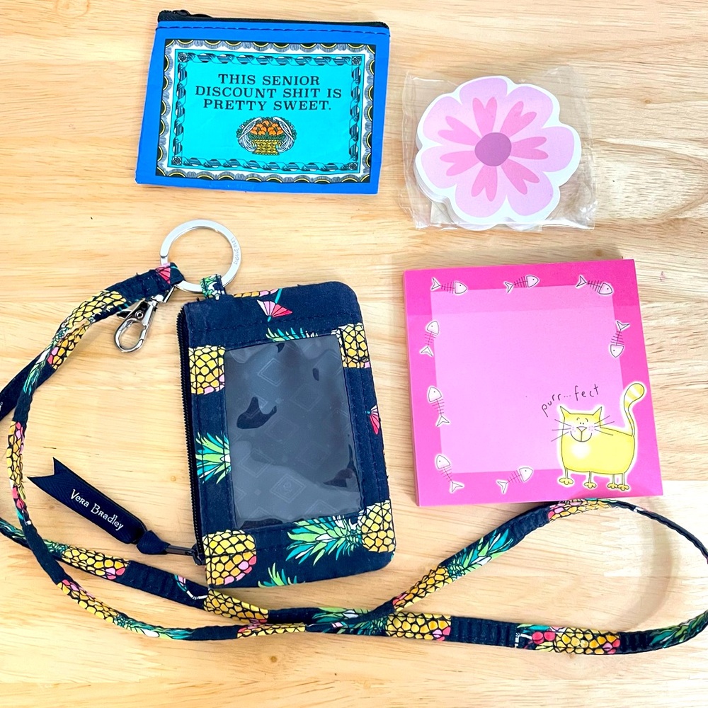 Vera Bradley Pineapple ID Lanyard, Senior Discount Pouch /2 pkgs post its